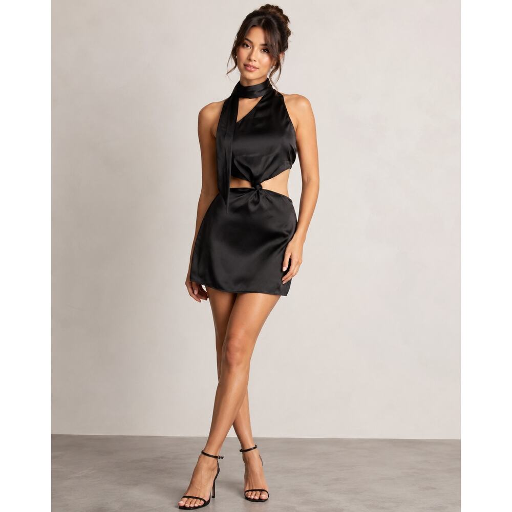 Heiress Beverly Hills Women's M Black Satin Scarf Neck Halter Cutout Mini Dress